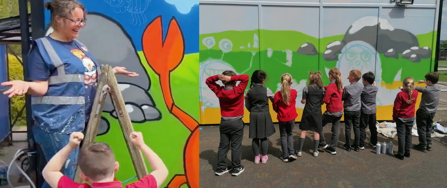 Mad Jessie and school students working and beach mural depicting a beach theme